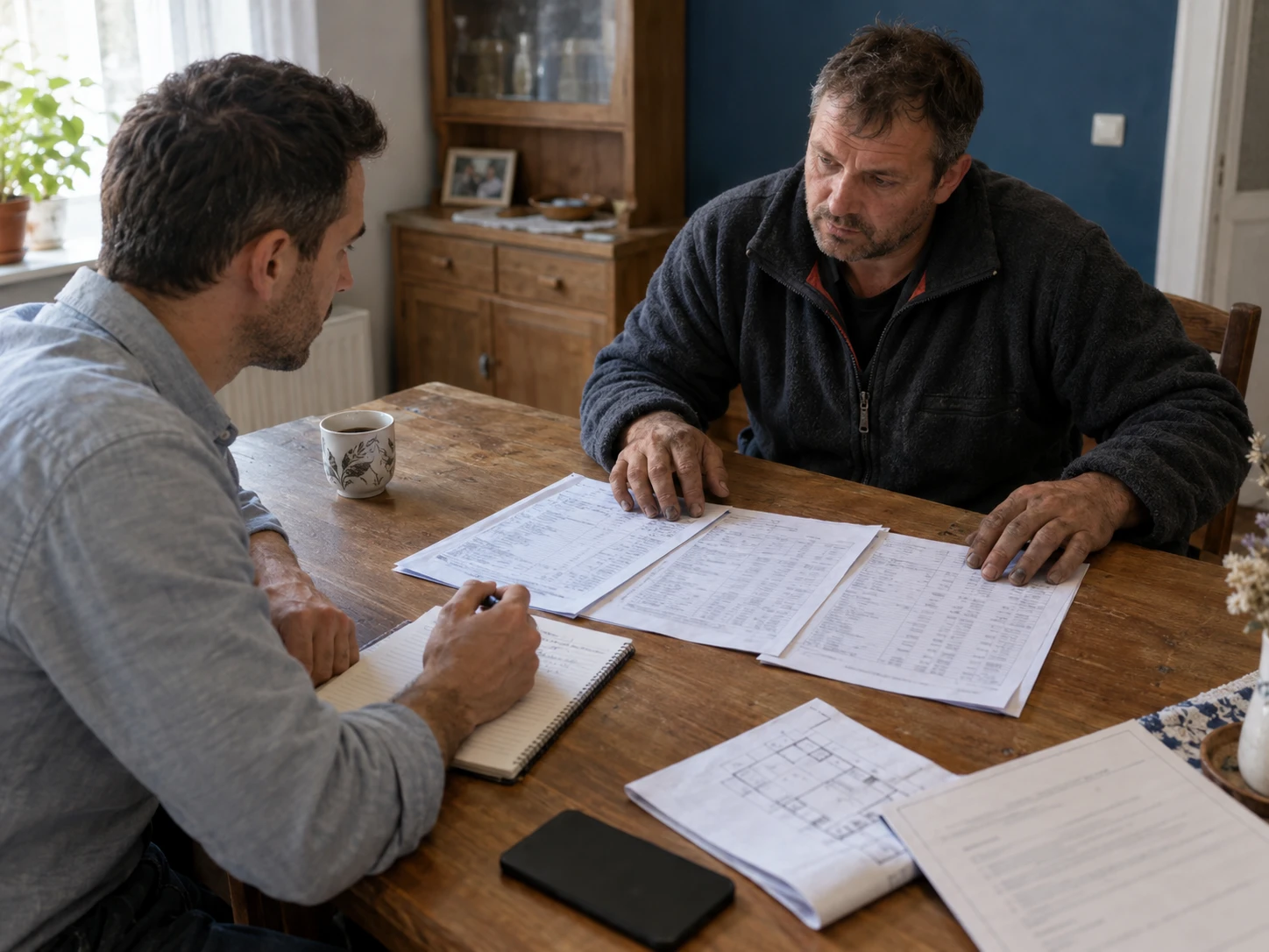 Beneficiarul și constructorul la masă, cu oferta și planurile casei între ei